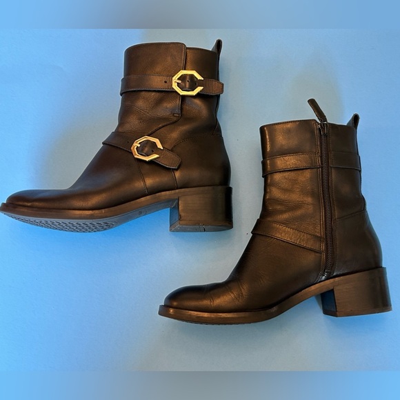 Cole Haan Shoes - Cole Haan Black Leather Zip Ankle Boots with Gold Buckle Accents 1 3/4” Heel